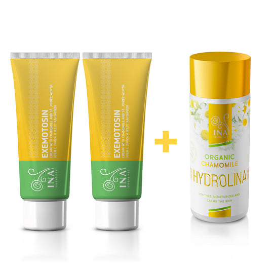 Koop 2 crèmes voor psoriasis, eczeem of een geïrriteerde huid en ontvang 1 biologische kamillewater gratis